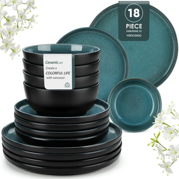Malacasa 18 Pcs Dinnerware Sets, Stoneware Plates and Bowls Set, Tableware Dishwasher Microwave Safe, Serves For 6 people, Blue