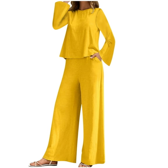 Kaemgyyd Solid Color Two Piece Sets for Women Crewneck Casual Lounge Loose Sets Fall Long Sleeve Pullover and Pants with Pockets