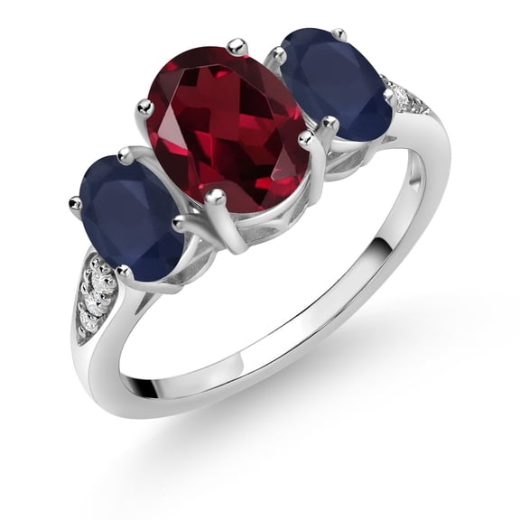 Gem Stone King 10K White Gold Red Rhodolite Garnet Blue Sapphire and White Lab Grown Diamond 3 Stone Engagement Ring for Women (2.49 Cttw, Gemstone Birthstone, Size 5)