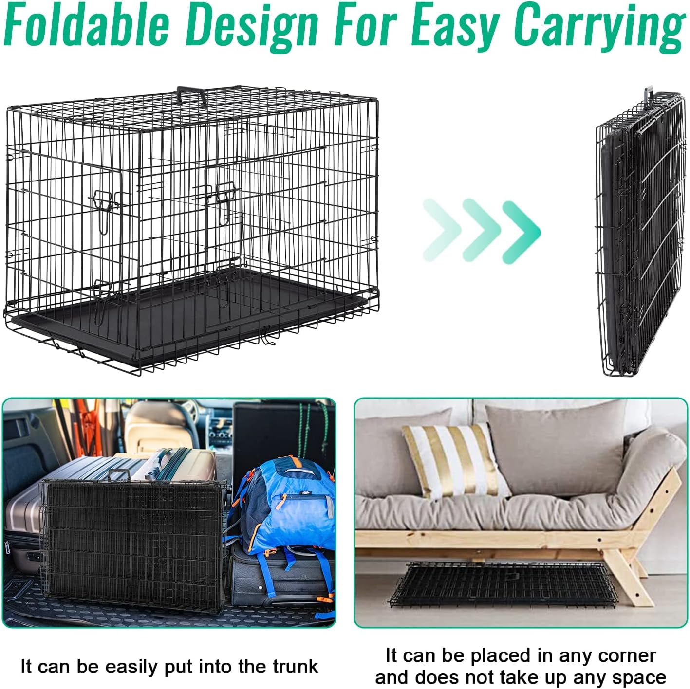 42 Inch Dog Crate for Large Dogs Folding Metal Wire Pet Cage Double Door with Divider Panel Indoor Outdoor Kennel Leak Proof Plastic Tray Black