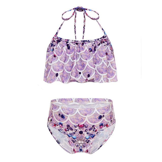 TiaoBug Girls 2 Pcs Mermaid Bikini Sets Shiny Halter Ruffles Crop Top with Triangle Brief Bathing Suit Tankini Purple A 130
