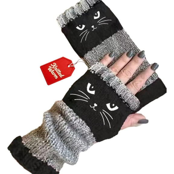 Women’s Knitted Fingerless Gloves with Cat Embroidery, Vintage Cat Themed -Thick Warm Winter Gloves with Cat Face Designs