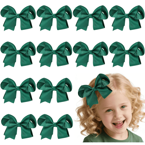 JoyBowie 12pcs 3in girl bows Green Ribbon Hair Bows Structured for Girls Daily Hairstyling