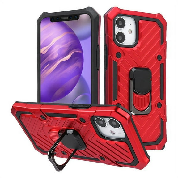 Apple iPhone 12 Pro, iPhone 12 /6.1" Phone Case with Impact Resistant Metal Ring Kickstand Magnetic Armor Hybrid Heavy Duty Rugged Hard TPU Shockproof Ring Red Cover for Apple iPhone 12 /12 Pro