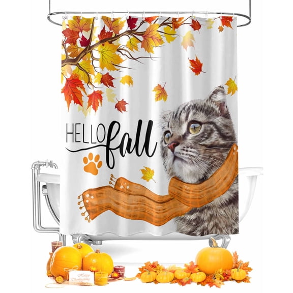 Hello Fall Cat Wears Scarf Maple Leaves Thanksgiving Shower Curtain Set ，Waterproof Fabric Shower Curtains Shower Curtains for Bathroom,Bathroom Decor 54x"78"
