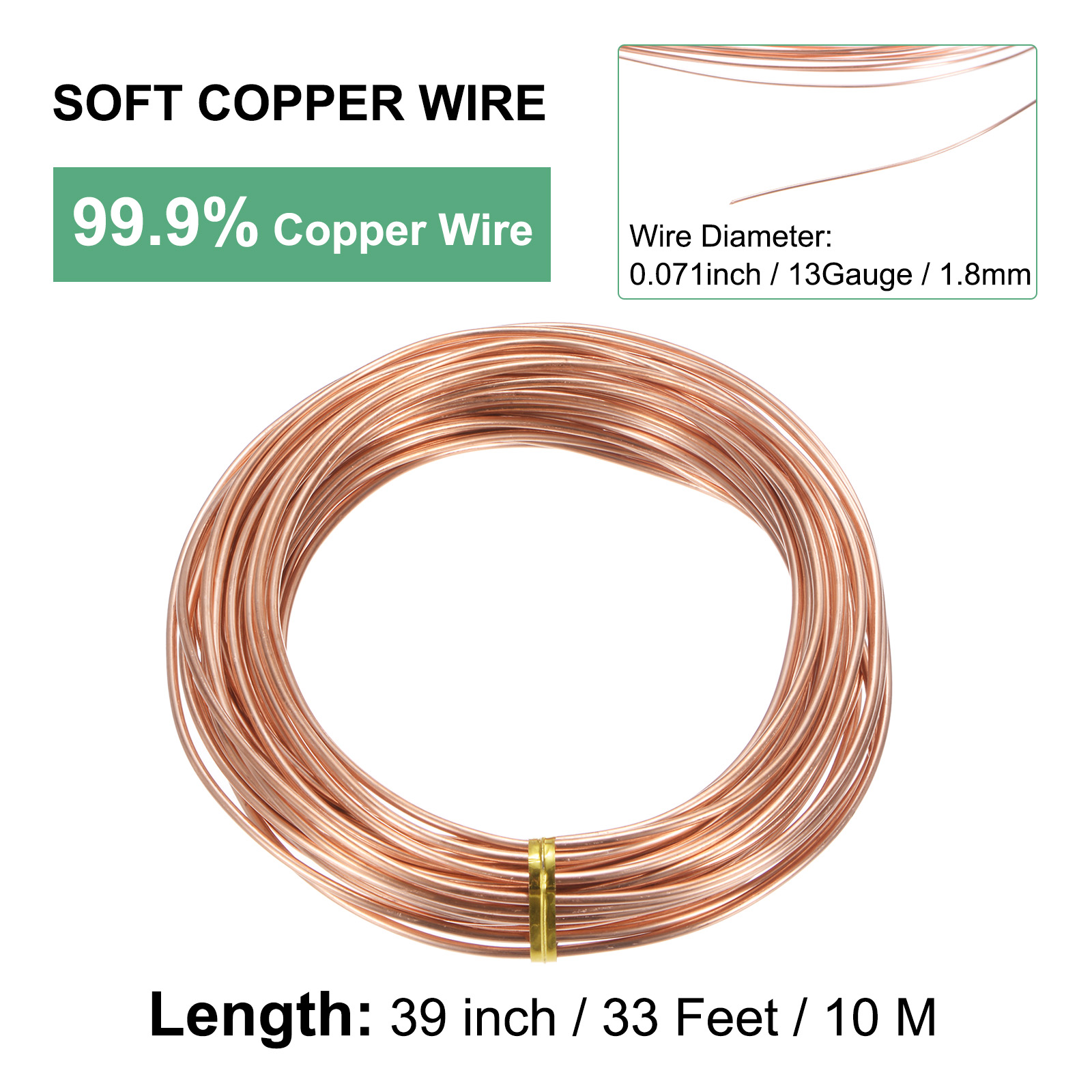 99.9% Soft Copper Wire, 13 Gauge 16FT Pure Copper Wire Craft Wire for DIY [1.8mm, 10M]