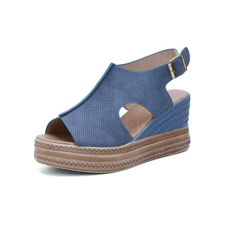 

Bellella Ladies Wedge Sandal Ankle Strap Casual Shoes Summer Platform Sandals Slingback Pumps Party Dress Blue 9