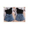 thumbnail image 2 of BemeyourBBs Toddler Baby Girls Summer Outfits Denim 2 Pieces Outfit Baby Girl Summer Clothes Sleeveless One Shoulder Ruffle Tank Vest Tops and Jeans Shorts Set with Belt, 2 of 9