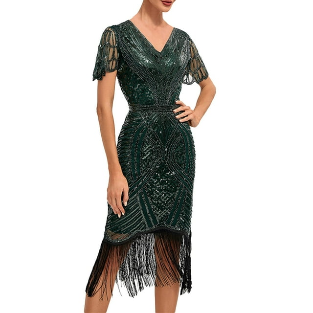 Kcodviy Robe Charleston des Années 1920 Longueur Genou Premier Manteau en Duvet Robe de Fête Ourlet à Franges Manteaux de Pluie pour Femmes avec Capuche Robes de Cocktail à Paillettes avec Manteau « Fear » Ensemble d'Accessoires des Années 20