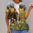 thumbnail image 6 of Farmhouse Highland Cow Funny Cattle And Flower Womens Tops Women's Fashion Casual Short Sleeve Flower Print Round Neck Pullover Top Blouse, 6 of 6