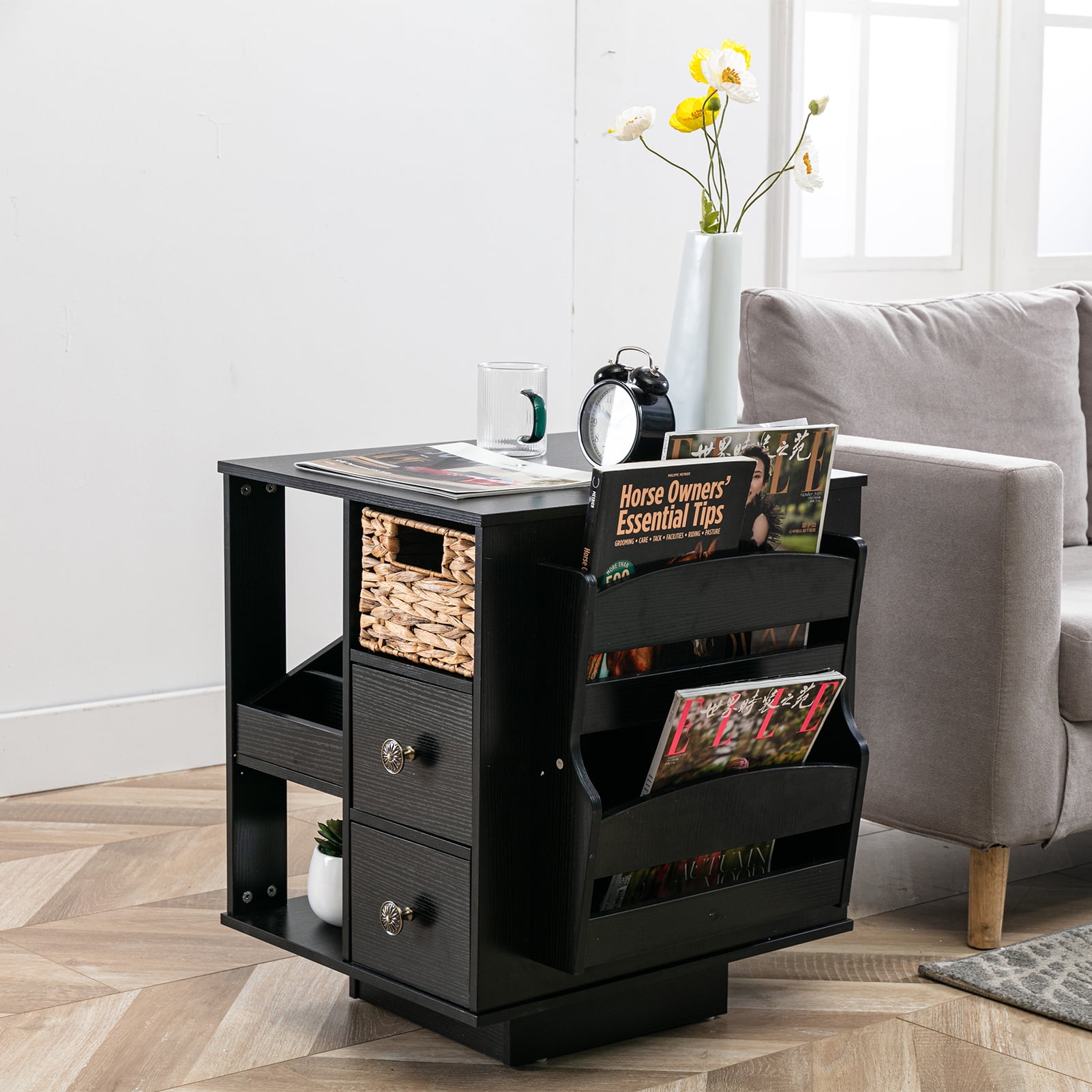 CAIDI 24'' Tall Floor Shelf 3 Drawer End Table, Wood Sofa Side Table