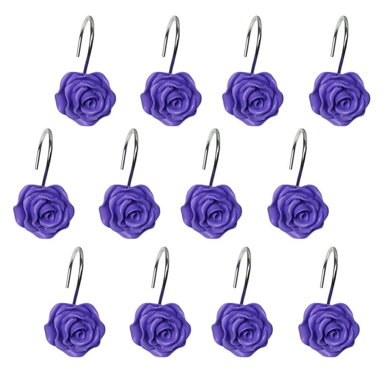 Popvcly 12pcs Shower Curtain Track Hooks,Romantic Rose Hooks for Bathroom Decoration,Resin Flower Hooks Hangers, Size: 1.4 x 1.5, Purple