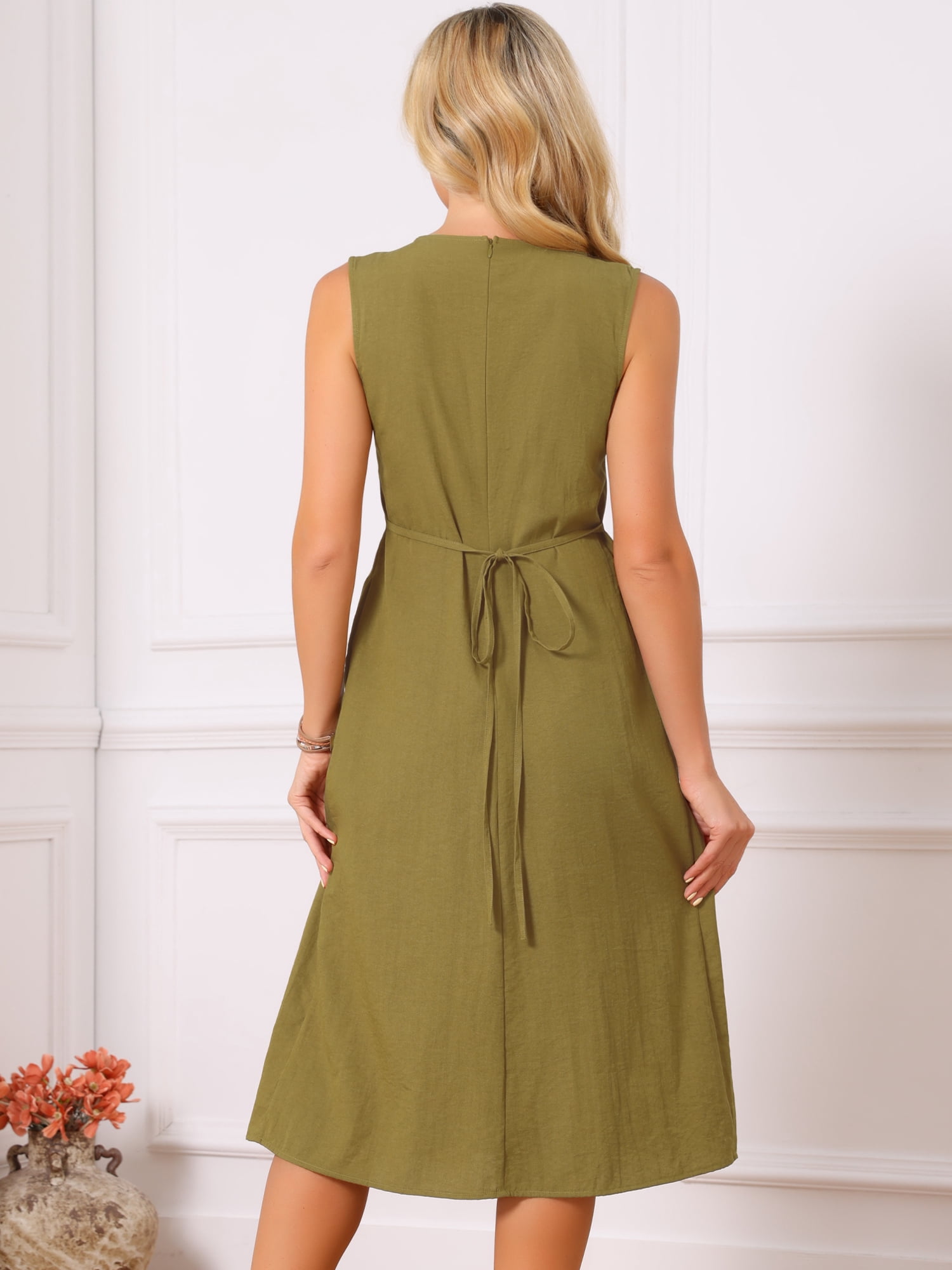 DARING DIVA Women's Sleeveless Crewneck Tie Waist Pleated Flowy Midi Dress L Olive Green