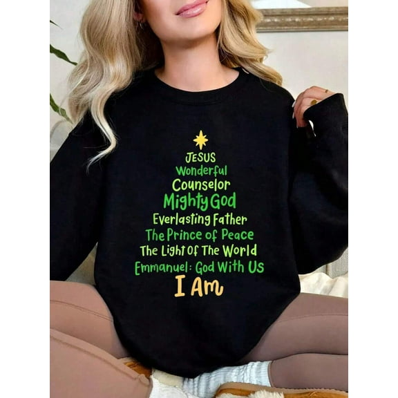 Fall Clothes For Women Christian Christmas Jesus Bible Names Xmas Tree Shaped Women's Sweatshirt