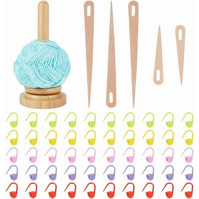 Soporte de madera para hilo con 50 agujas de tejer de ojo grande de madera y marcadores de puntos de plástico con cierre para tejer, hacer ganchillo y coser.