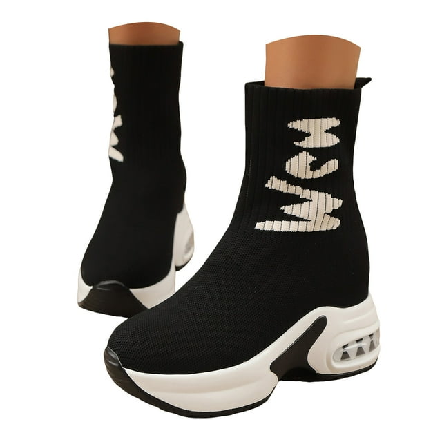 Leozcaa Bottes de Marche pour Femmes, Bottes-Chaussettes Montantes, Bottillons Espadrilles Larges Extensibles, à Enfiler, Chaussures de Course