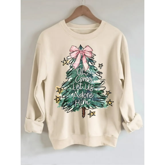 Women's Christmas Graphic Print Sweatshirt - "Oh Come Let Us Adore Him" Holiday Design with Tree, Stars & Bow, Soft Beige Casual Pullover, Machine Washable Round Neck Top for All-Season Wear