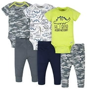 Onesies Brand Baby 3 Onesies 3 Pants Outfit Bundle Mix n Match Newborn to 12M, Grey Green Camo Dino, 3-6 Months
