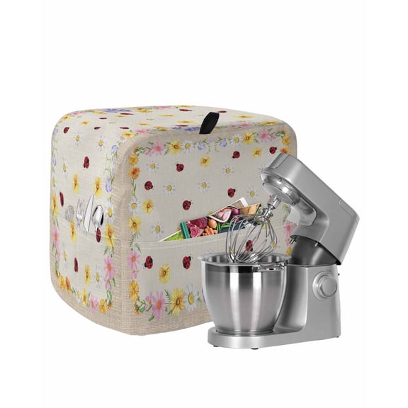 Farmhouse Flowers Stand Mixer Dust Cover with Storage Pocket & Handles,Pastoral Botanical Floral Ladybirds Fits All Tilt Head & Bowl Lift Kitchen Appliance Cover Organizer Accessories,4.5-5 Quart