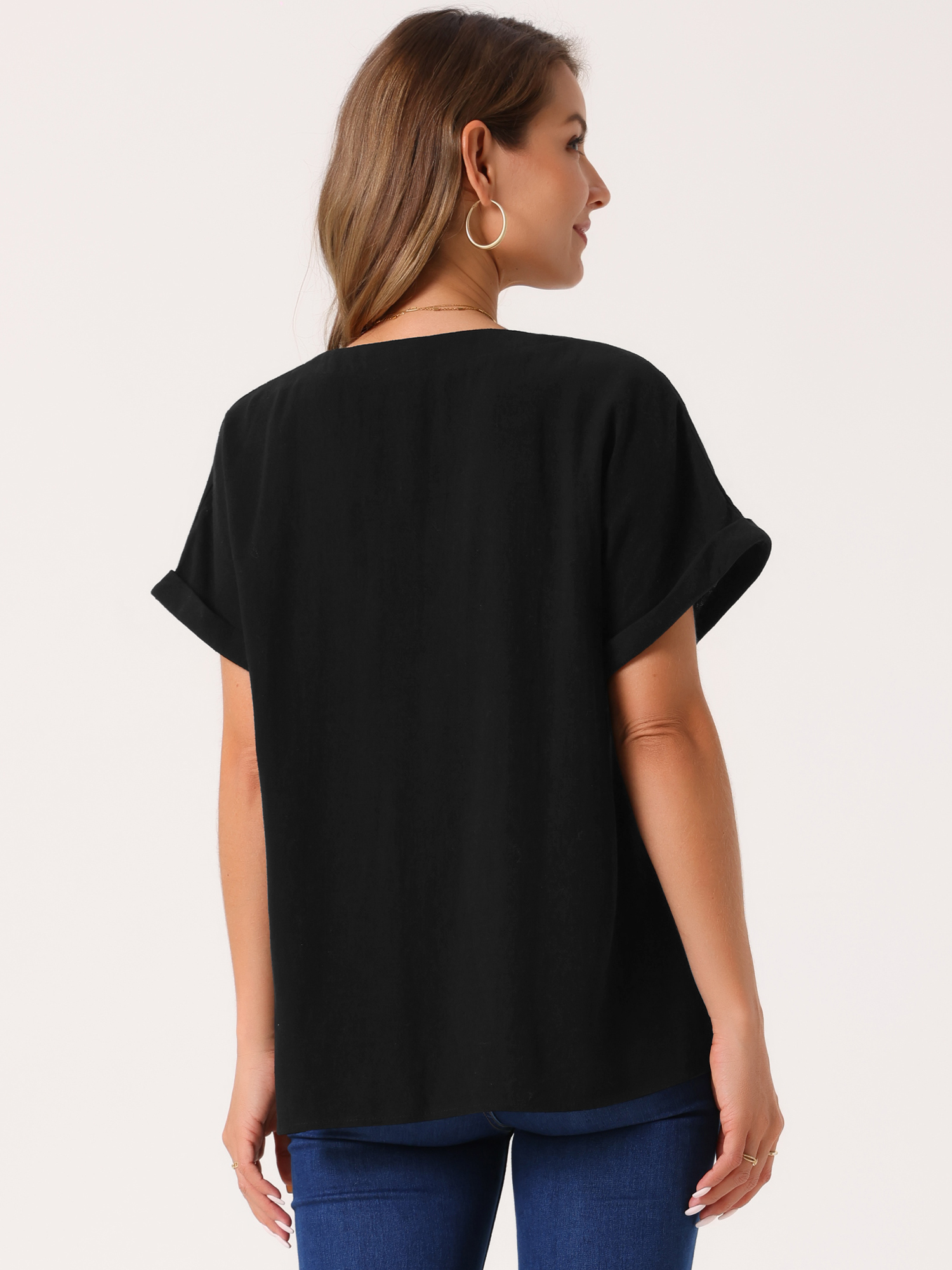 DARING DIVA Women's Linen Shirts Short Sleeve V Neck Blouse XL Black