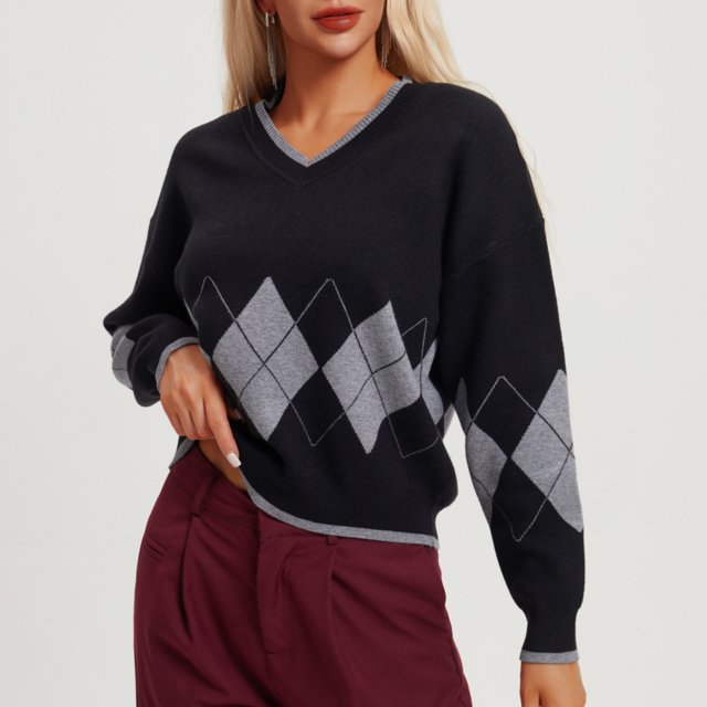 Suéter de cuello en V para mujer, suéter informal de invierno, suéter de cuello en V, suéter holgado informal de manga larga con diamantes, blusa para mujer