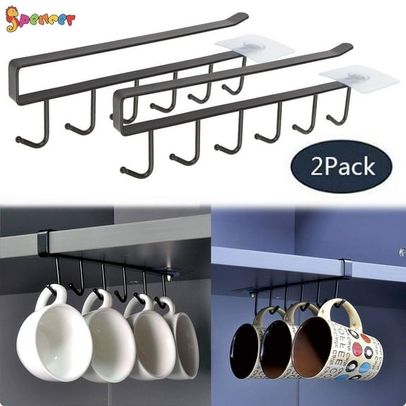 Spencer 2 Pack Adhesive Cup Holder Under Cabinet - 6 Hook Coffee Cup Mug Holder for Kitchen Fit for 0.8 Inch Thickness Shelf or Less "Black"