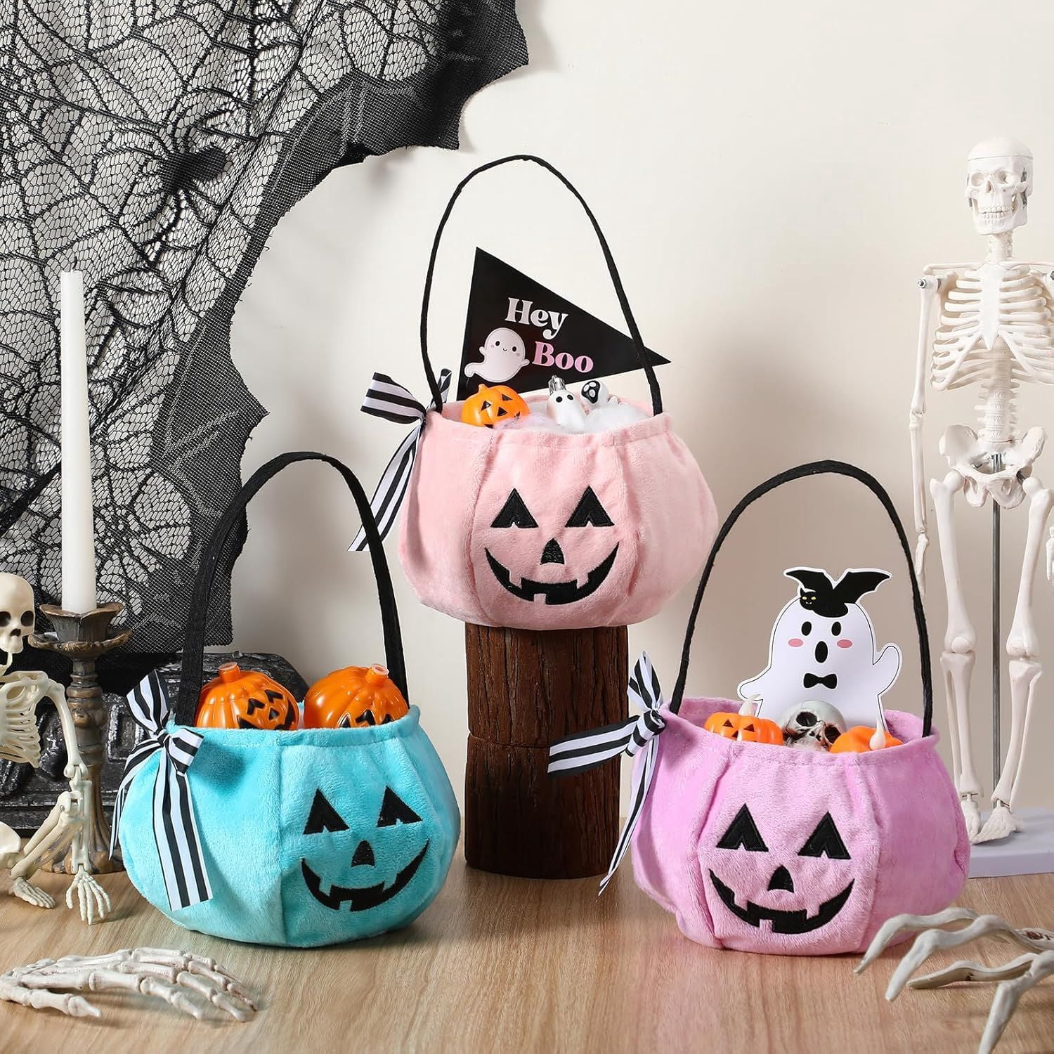 3 Pack Flannel Pumpkin Candy Basket Halloween Boo Basket for Trick or Treat
