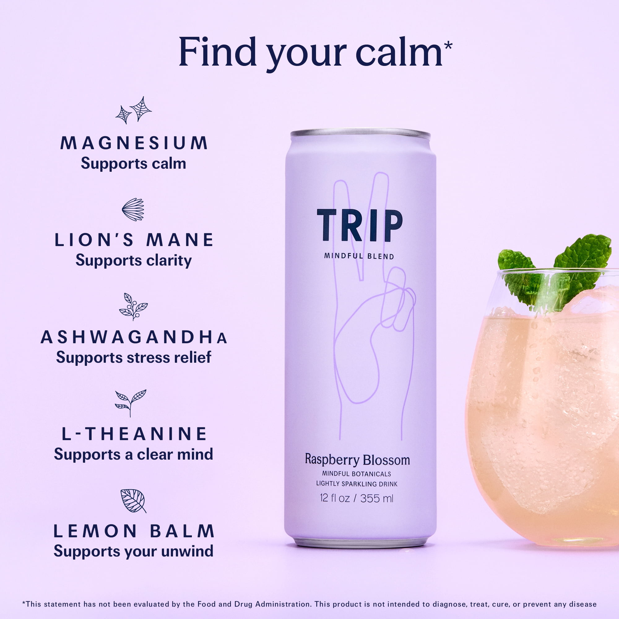 (12 pack) TRIP Lightly Sparkling Non-Alcoholic Drink with Magnesium, Ashwagandha, Lion's Mane & L-Theanine, No Added Sugar Mocktail, Vegan, Raspberry Blossom 12 fl oz