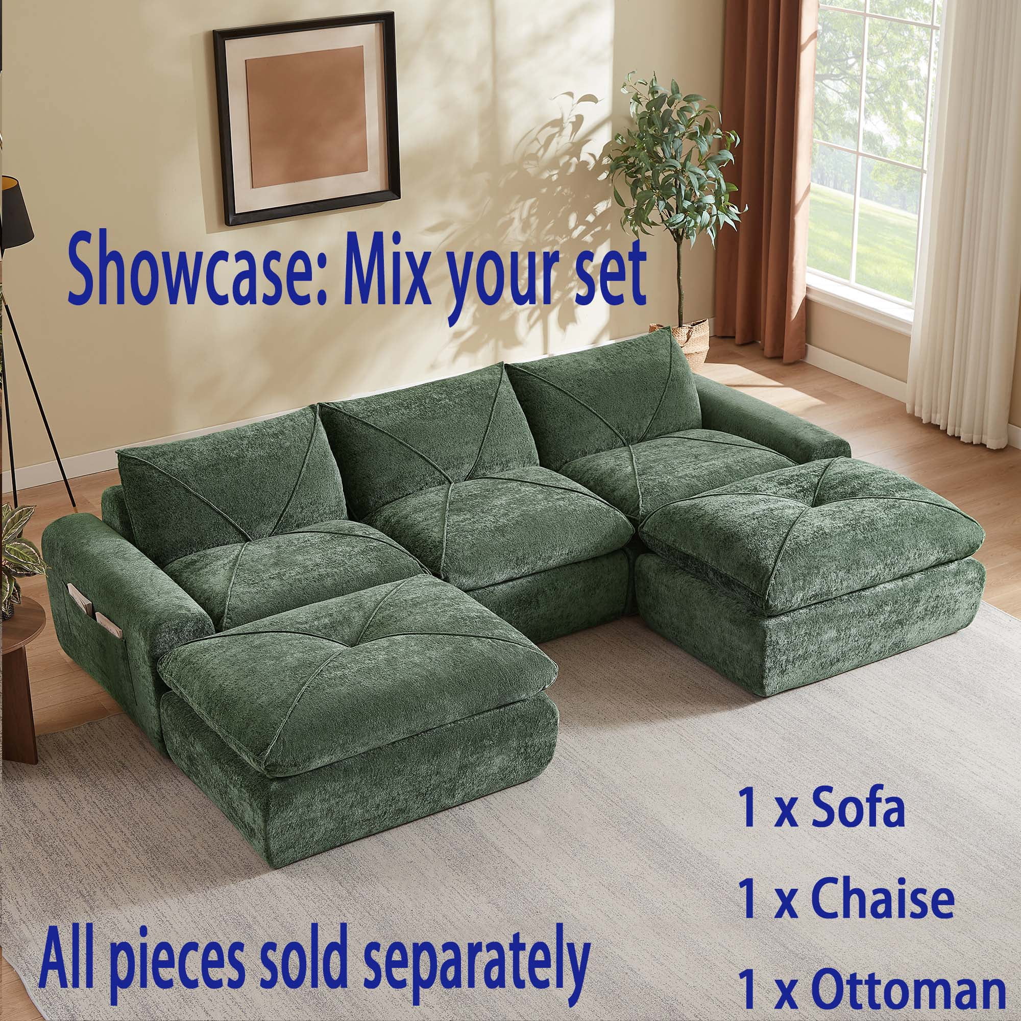Miniyam 84" x 34" Green Left or Right Facing Chaise Lounge, Modular Add-On to Build L-Shape or U-Shape Sectional Sofa