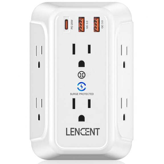 LENCENT Multi Plug Outlet Extender Surge Protector with USB ,6 Outlets Wall Adapter with PD 20W Type-C & 2 USB Ports,Electrical Outlet Wall Tap Charger,Power Strip with Surge Protection