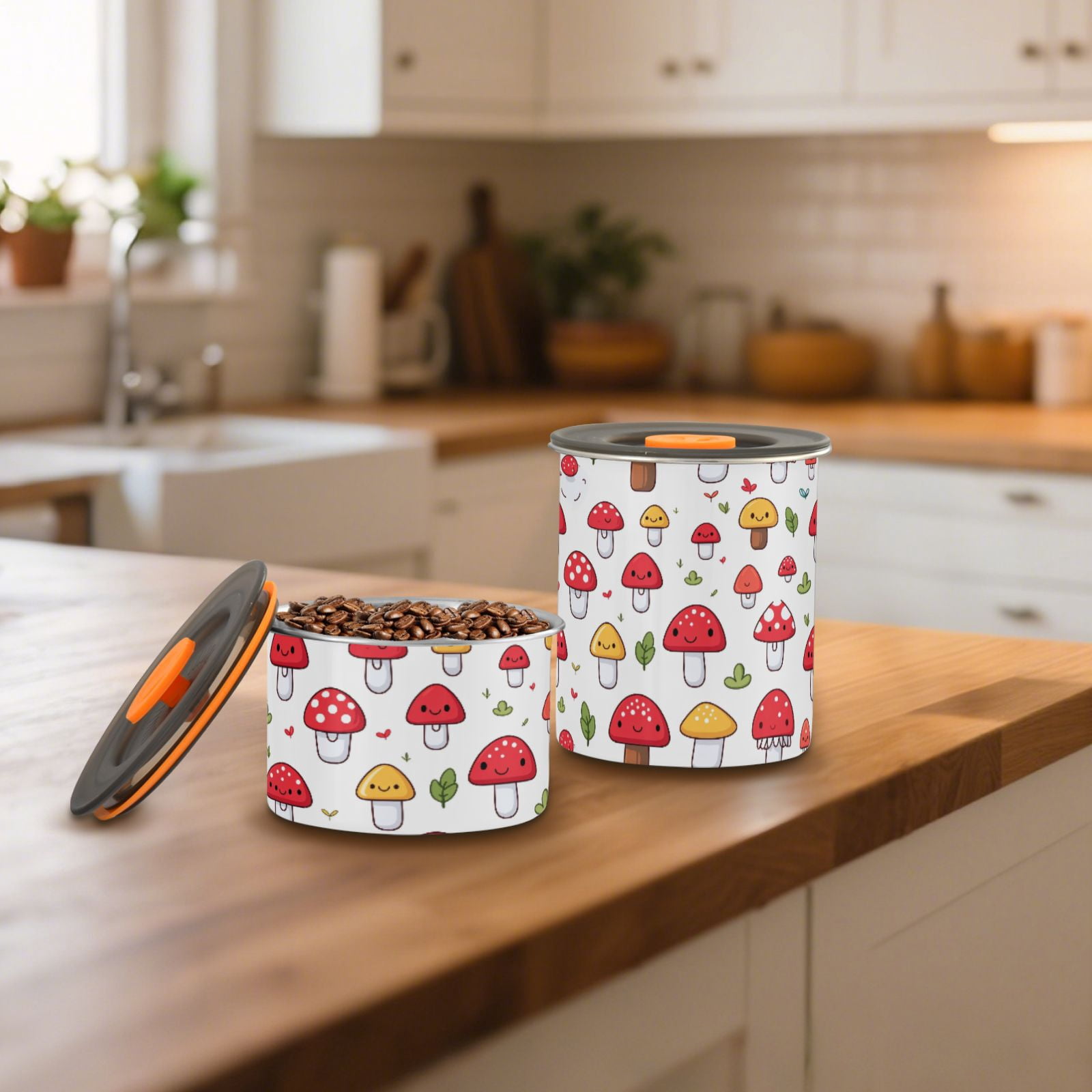 Cute Mushrooms Airtight Coffee Bean Canister 30oz Food Storage Containers with Lids For Gournd, Tea, Sugar, Flour, Rice, Cereal, Candy Cookie Jar