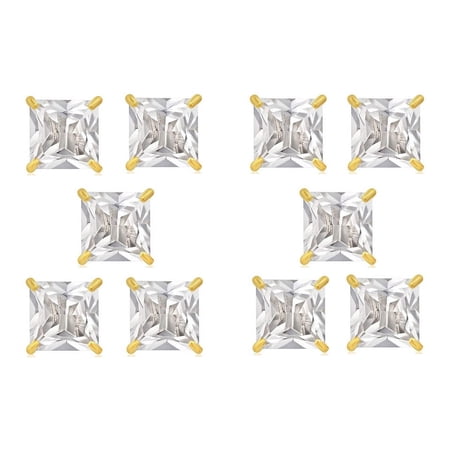 Paris Jewelry 14k Yellow Gold 2Ct Square Cut White Sapphire Set Of Five Stud Earrings Plated