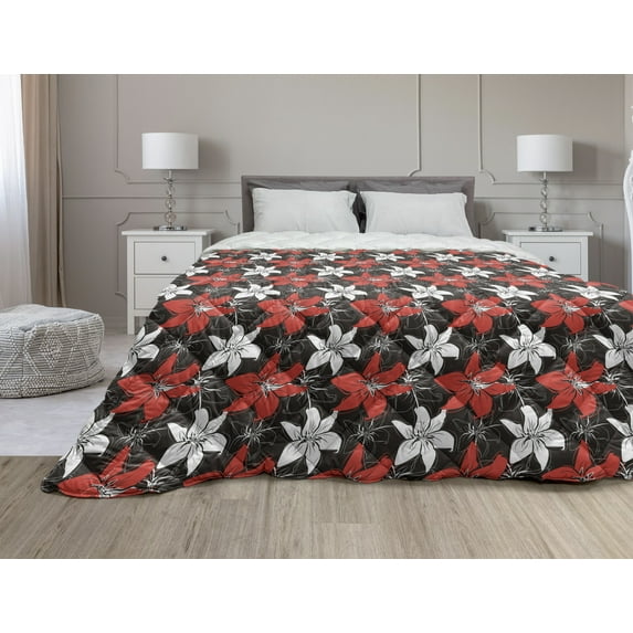 Feminine Down Alternative Comforter, Romantic Vintage Roses Illustration Old Fashioned Victorian Art, Microfiber Quilt for All Season, 5 Sizes, Charcoal Grey Black Red, by Ambesonne