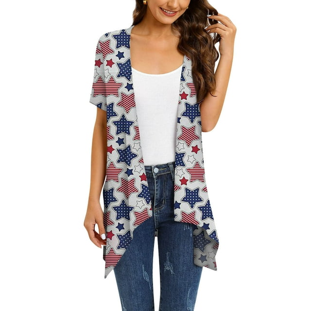 Lenago Summer Plus Size Tops for Women Casual Spring Women Casual Printed Short Sleeve Cardigans Drape Open Front Lightweight Summer High Low Hem Tops 4th of July Outfits for Women