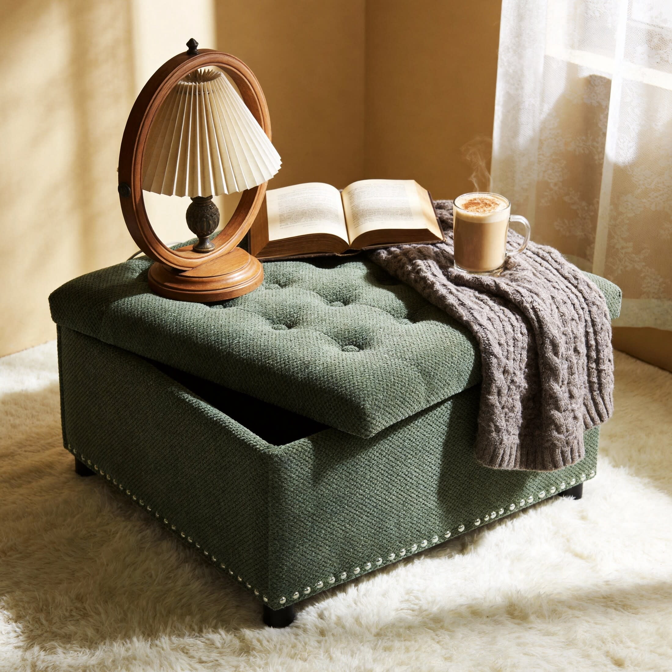 Noble House 30" Square Storage Ottoman with Tufted Top, Nailhead Trim, Green