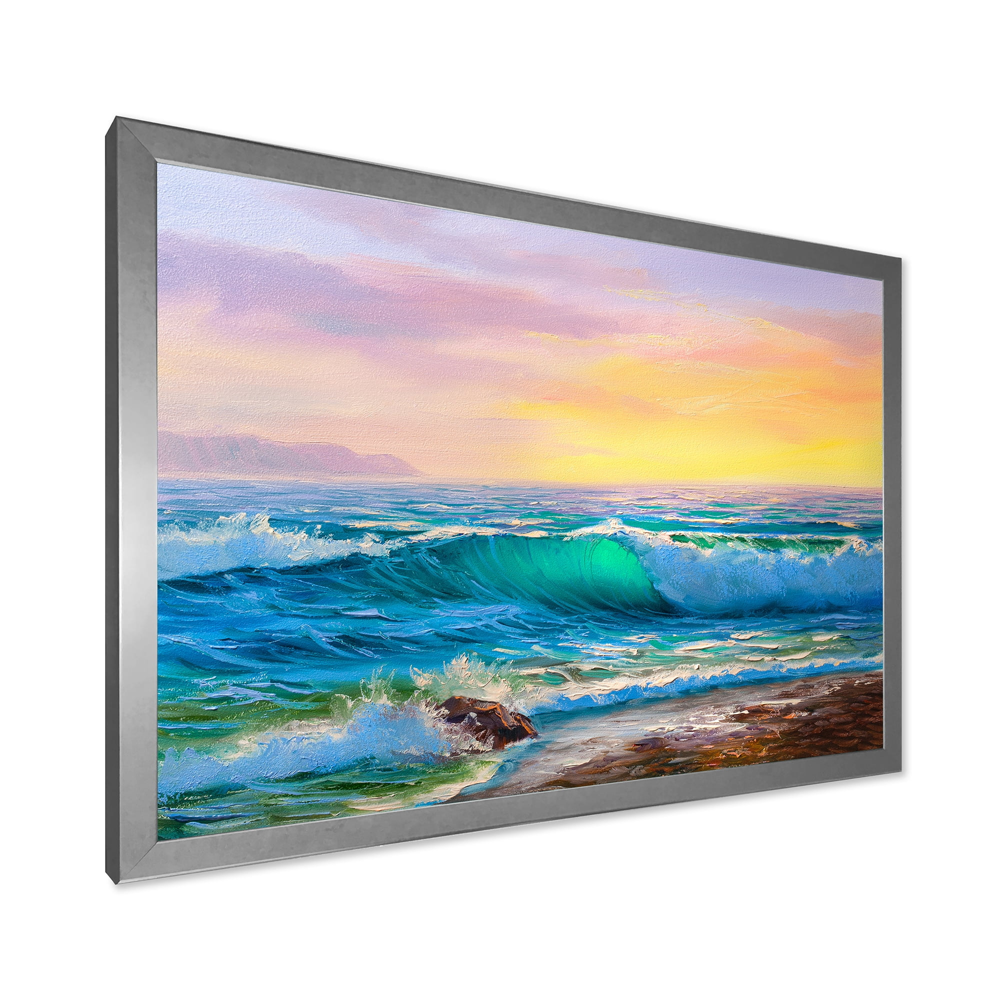 Designart 'Blue Waves Breaking At The Beach Landscape IV' Nautical & Coastal Framed Art Print