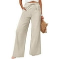 thumbnail image 2 of Womens Boho Wide Leg Pants Cotton Linen Blend Relaxed Fit Casual Trousers High Waisted Elastic Drawstring With Pockets L Size Beige, 2 of 8