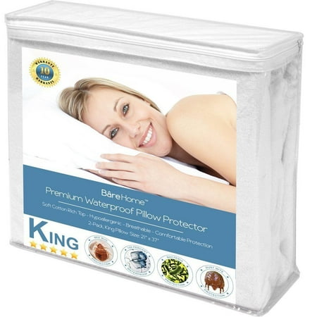 Side Water - King Size Premium Pillow Protector 2 Pack - 100% Waterproof - Vinyl Free Hypoallergenic - 10 Year Warranty - (King Pillow Size, Pack of 2)