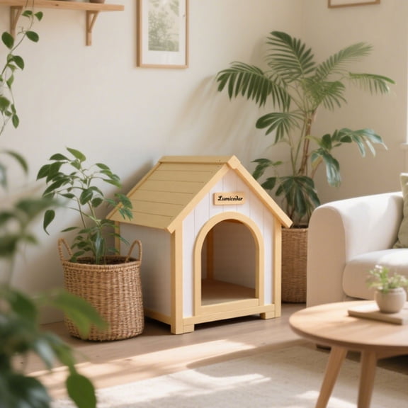 CQSXDA Indoor Cedar Pet House in Cream Yellow Finish  Medium Sized Cabin Style Shelter for Small Dogs and Cats