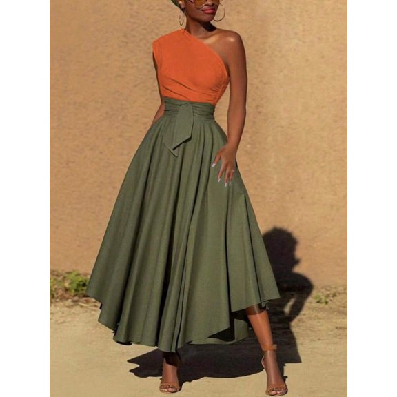 Multicolor Womens One-Shoulder Sleeveless Asymmetrical Maxi Dress With Belted Waist And High-Low Hem