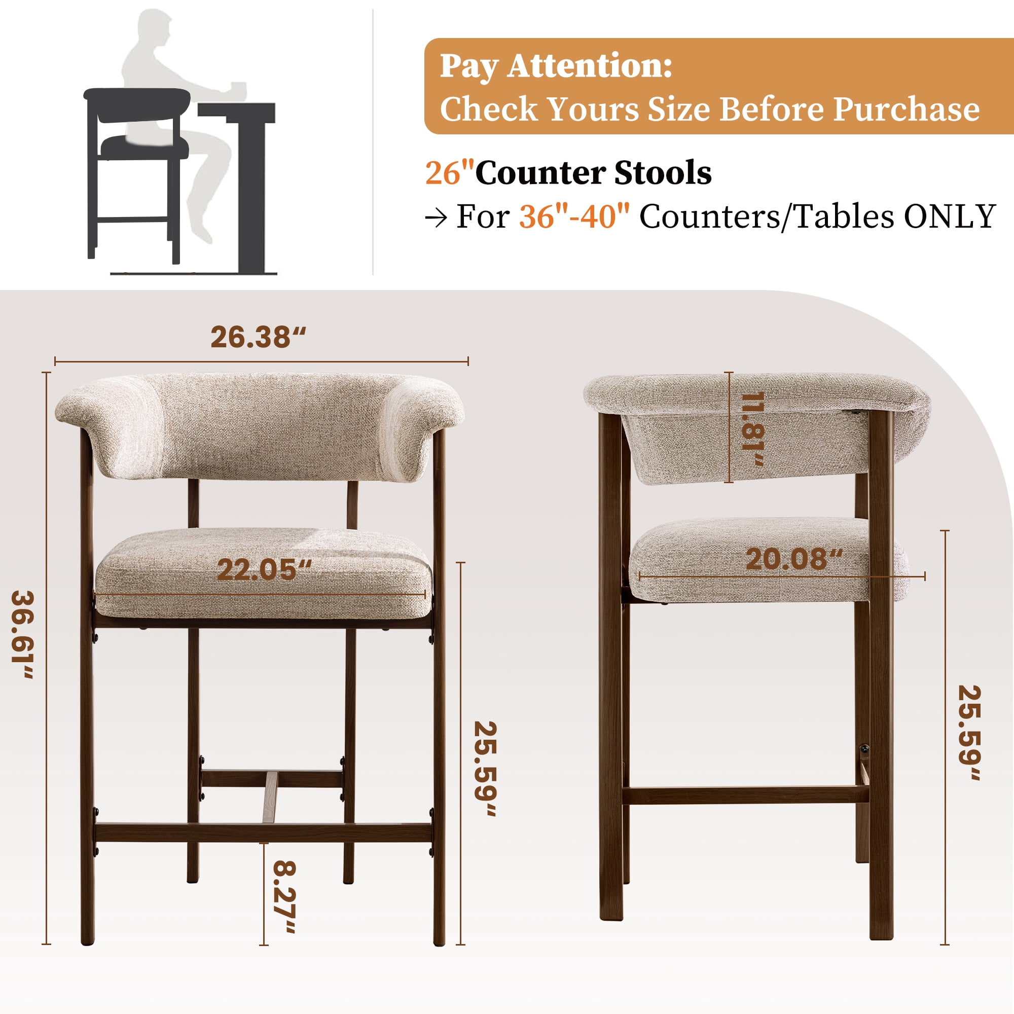 Primy Counter Height Bar Stool with Padded Arms, Modern Fabric Upholstered Dining Room Barstools Kitchen Island Armchair with Footrest+Curved Backrest