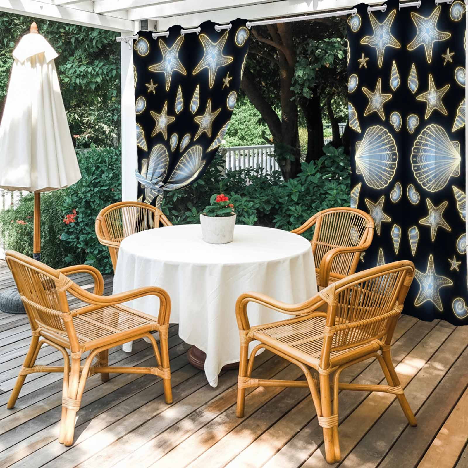 Blue Neon Coastal Outdoor Curtains for Patio, Seashell Starfish Summer Ocean Sunshade Privacy Drapes Grommet Waterproof Outside Curtains for Porch/Cabana/Balcony 54"x 108", 1 Panel