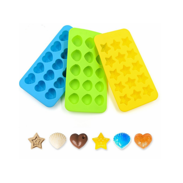 Moldes de caramelo de chocolate de silicona, 3 paquetes de moldes para hornear antiadherente Bandejas de cubo de hielo para hacer - corazón, estrella y concha