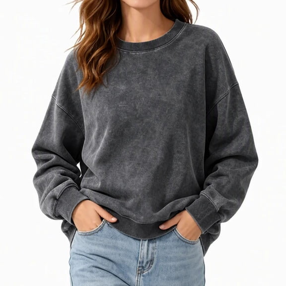 Hurxie Womens Acid Washed Cotton Crewneck Sweatshirt Long Sleeve Pullover Vintage Casual Y2K Streetwear Sweatshirts