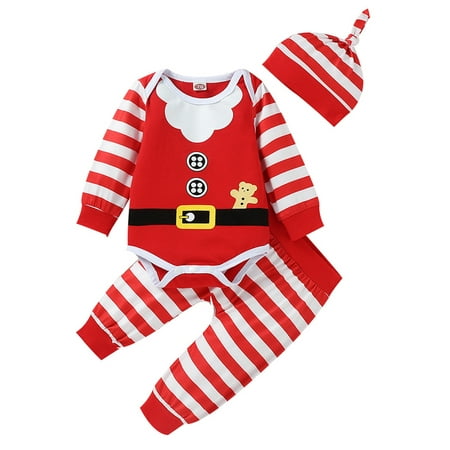 

Pfysire Baby Girls Boys Xmas Set Long Sleeve Tops Striped Pants Hat Red 9-12 M