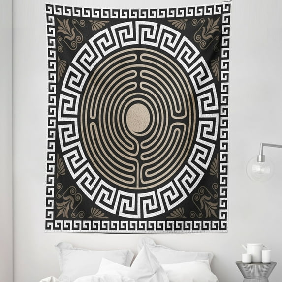 Greek Key Tapestry, Grecian Fret and Wave Pattern on Dark Background Antique Retro Swirls, Fabric Wall Hanging Decor for Bedroom Living Room Dorm, 5 Sizes, Dark Brown Coconut Tan, by Ambesonne