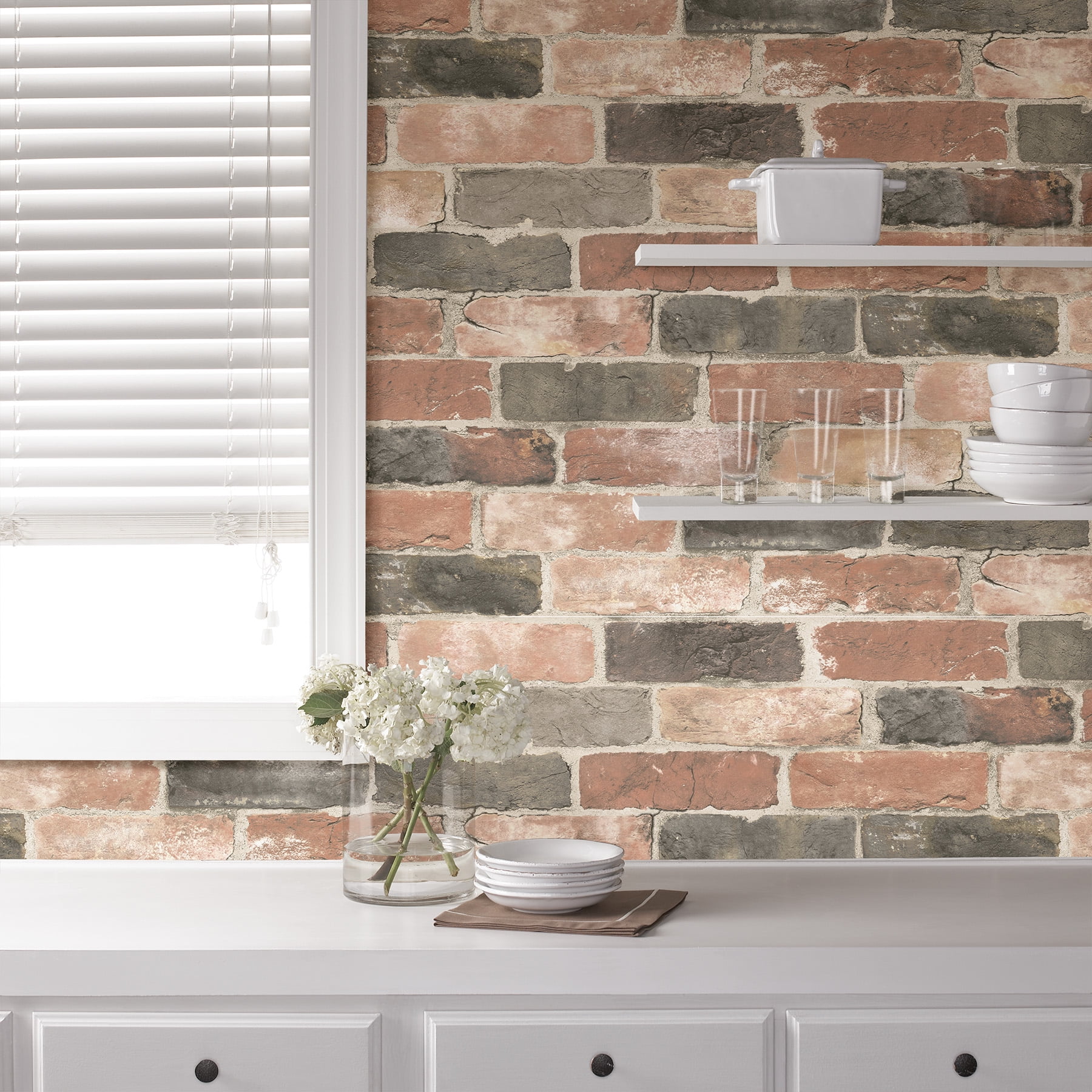 NuWallpaper Newport Reclaimed Brick Vinyl Peel And Stick Wallpaper, 216-in by 20.5-in, 30.75 sq. ft.