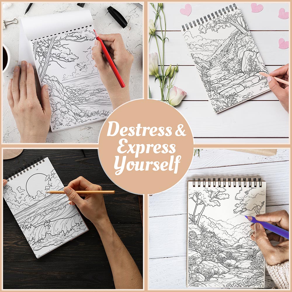 Anxiety Relief Coloring Book Spiral Bound For Adults, A5 Wooden Cover, 30 Tranquil Coloring Pages in Serene Mountain and River Scenes for Stress Relief and Relaxation