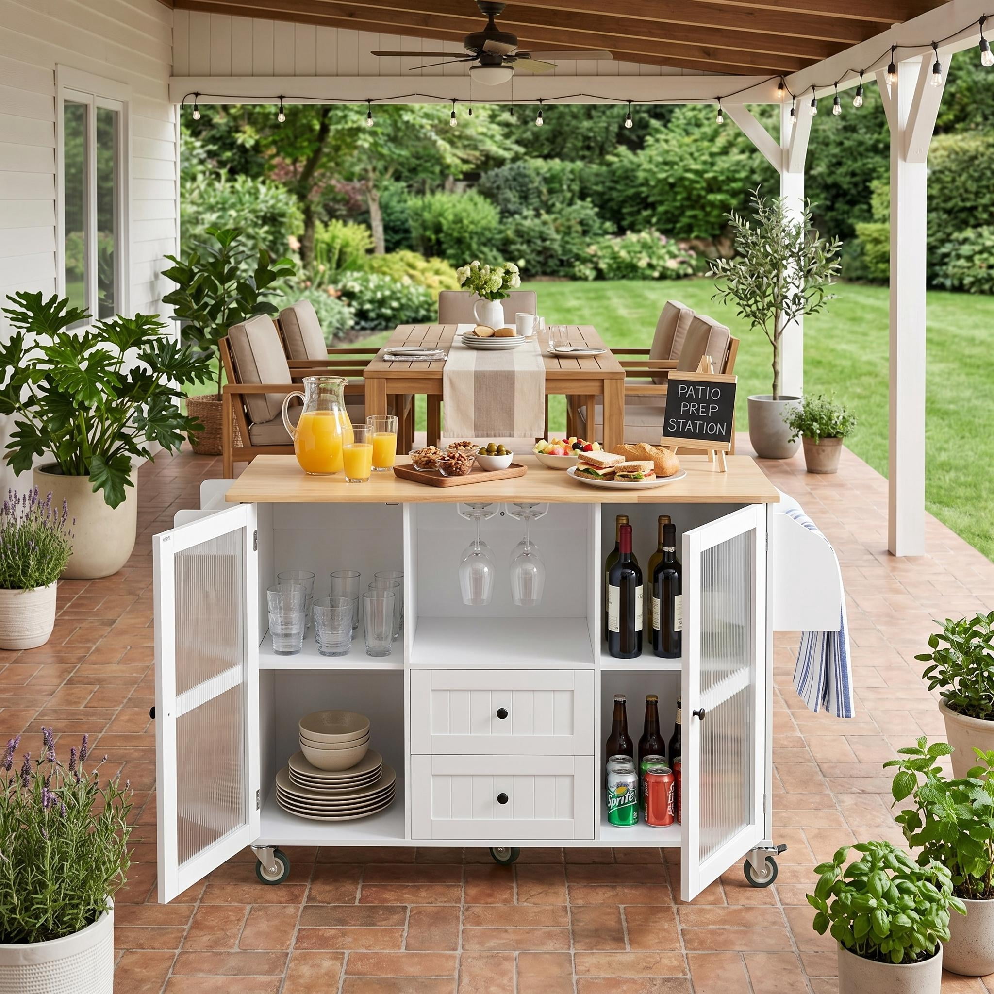 Homy Casa Rolling Kitchen Island Cart with Drop Leaf, Storage Cabinet, 2 Drawers & Wheels, White/Natural, for Small Kitchen, Dining Room, Coffee Bar