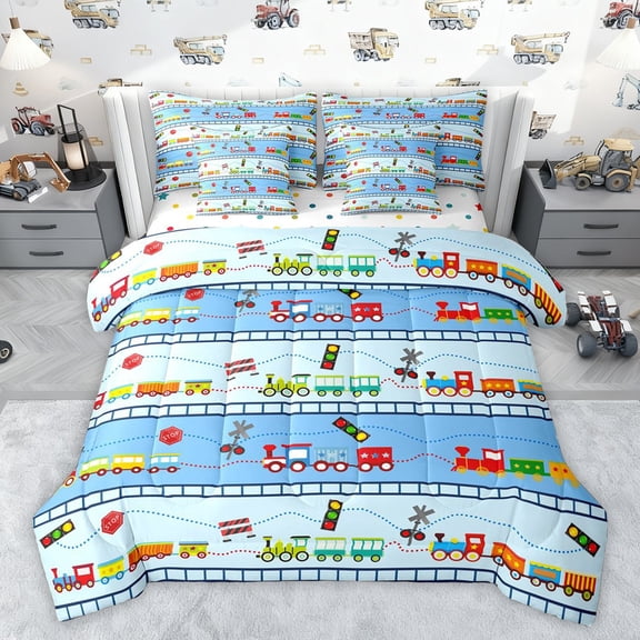 Castle Fairy Cartoon Train Twin Bedding Sets 7-Piece for Preppy Kids Children,Steam Engine Railway Railroad Bedding Comforter Set Microfiber,Railway Transportation Theme Breathable Sheet Sets